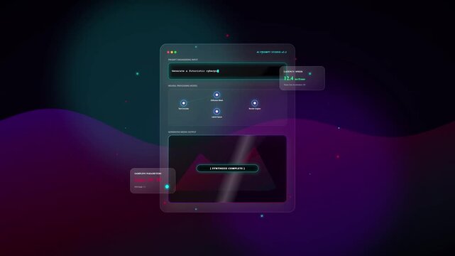 Futuristic AI text-to-image generator interface showing a prompt for a steampunk city with data nodes and synthesis completion on a dark gradient background.