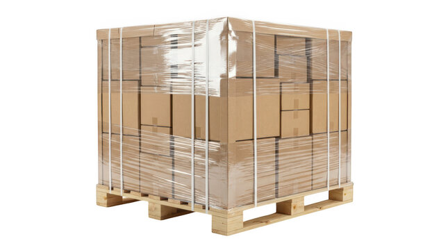 Wooden pallet with cardboard boxes wrapped in plastic stretch film isolated on transparent background