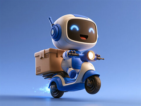 3D rendered chibi robot mascot delivering a glowing parcel on a tiny scooter, soft pastel lighting, playful mood, clean matte materials, negative space on the left. AI gen