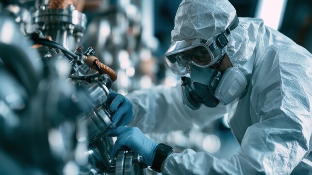 Professional technician in full protective suit and respirator working with industrial equipment in a laboratory or manufacturing environment
