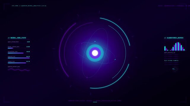 Futuristic Sci-Fi HUD interface featuring a glowing digital core with rotating rings, neural core statistics, and algorithmic data visualization on a dark background