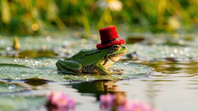 Playful green frog in red hat pauses on floating lily pad. It faces right beside mirrorlike pond water, and warm evening light creates gentle reflections and blurred marsh plants on water surface.