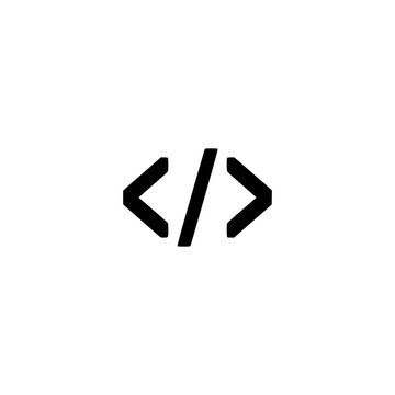 Code icon. Solid black glyph of code brackets for programming development and software.
