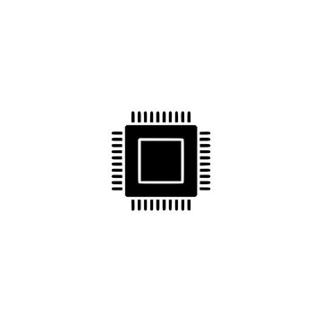 CPU microchip icon. Solid black glyph of a processor chip for computing and hardware.