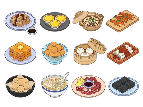 Vector Illustration Set of Traditional Chinese Dim Sum, Cantonese Street Food, and Popular Asian Snacks
