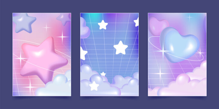 Dreamy y2k posters with 3D hearts and stars on gradient background. Vector realistic illustration of romantic banners with cute pastel balloons and clouds on wireframe pattern, 2000s aesthetic design