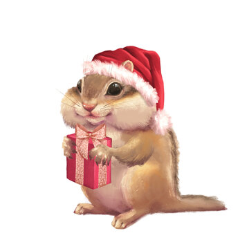 Hand-drawn illustration of a cute chipmunk in a Santa hat holding a Christmas gift