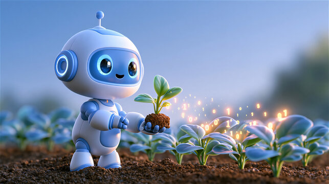 3D rendered chibi robot mascot planting a row of glowing binary-code seedlings, soft pastel lighting, playful mood, clean matte materials, negative space on the right. AI gen