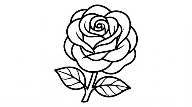 A simple black and white line art illustration of a single blooming rose flower with two green leaves attached