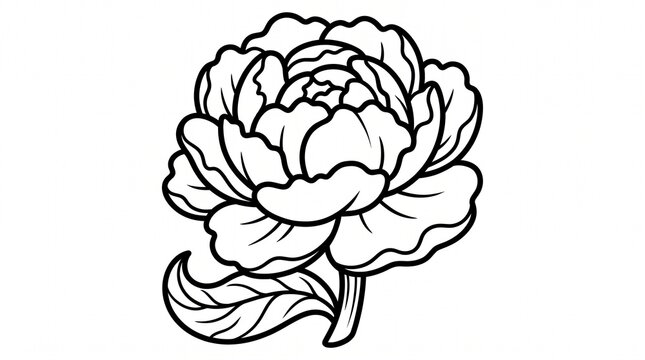A detailed black and white line art illustration of a blooming peony flower isolated on a plain white background