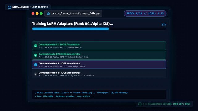 Animated interface showing the progress and completion of neural network model training for artificial intelligence.