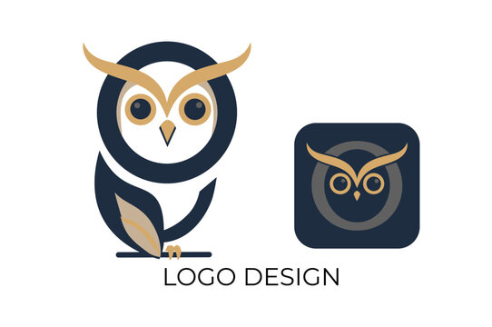 Modern clean minimalist owl logo featuring a stylized geometric owl with expressive eyes, curved wing shapes and elegant horn like details. 