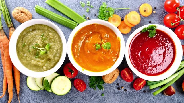 three colorful vegetable soups with fresh ingredients, top view