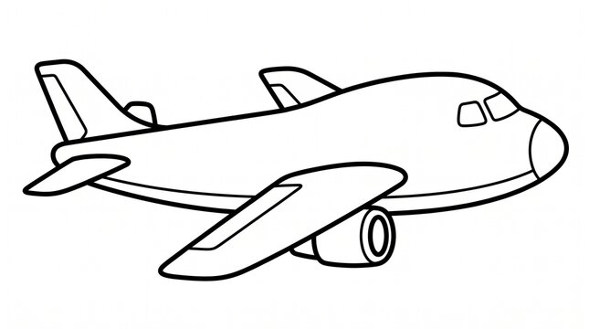 A minimalist black and white illustration depicts a commercial passenger airplane showing clearly defined wings and the extended landing gear