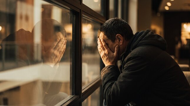 Distressed man sits alone hiding his weary face with both hands while wearing a dark jacket captured in soft cinematic lighting with high emotional intensity