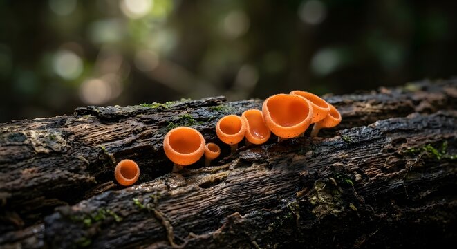 Vibrant orange scarlet cup fungi growing on decaying log in damp tropical rainforest macro close up