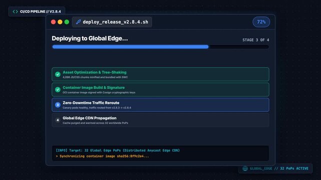 Animated software deployment pipeline showing progress bar and successful live production launch.