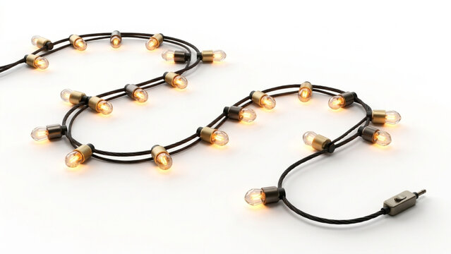 Festive Vintage Edison Light Bulb String Lights Glowing with Warm Amber Radiance on White Background for Celebration and Event Decorating Layout