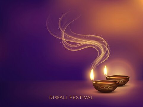 Diwali festival background with burning oil lamps and swirling smoke vector illustration