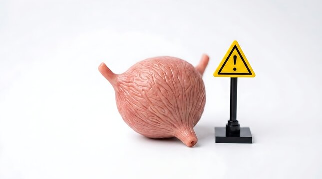 Anatomical bladder model with caution sign for cystitis and cancer