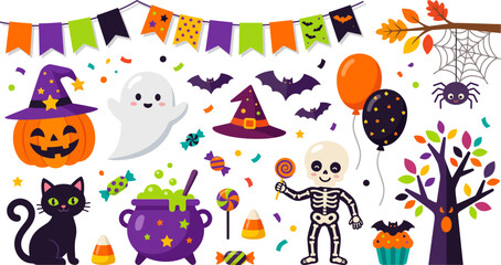 Naklejka premium Halloween Clipart Set with Skeleton Pumpkin Ghost Black Cat Cauldron and Party Decorations Vector