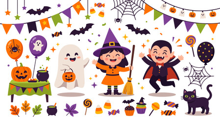 Fototapeta premium Kids Halloween Costume Party Illustration with Ghost Witch Vampire Pumpkin and Black Cat Vector