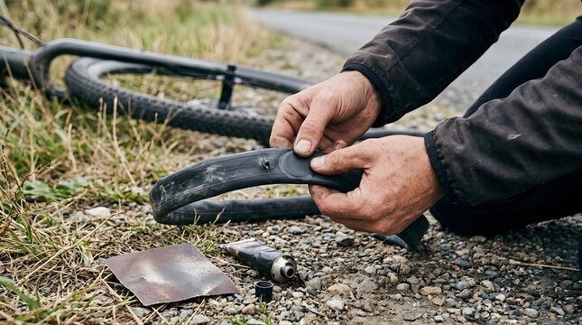 Cyclist fixing a flat bicycle tire with a patch kit on the roadside