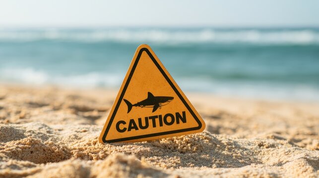 Yellow triangular caution sign with shark symbol placed on sandy beach warning of potential danger near ocean water