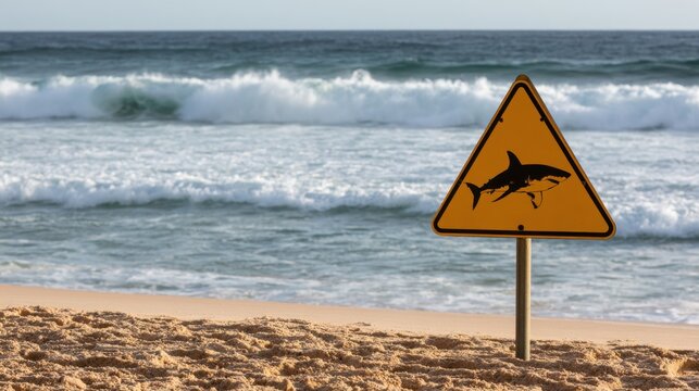 Warning sign with shark silhouette on sandy beach near ocean wave with blue sky and white foam in daylight