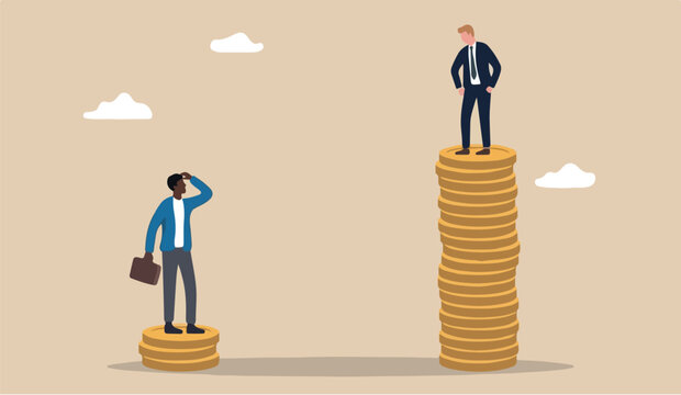 Economic inequality and poor gap, unfairness income, different money people being paid concept, white rich businessman standing on high salary coins tower with poor black man on low coins stack
