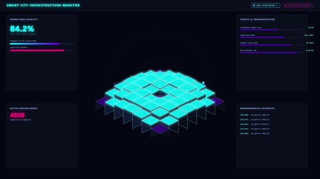 Futuristic smart city infrastructure monitor dashboard with isometric data visualization and live analytics showing power grid capacity and sensor node status in neon digital interface.