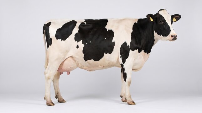 Holstein Friesian dairy cow standing on white background. Black and white spotted cattle. Farm animal portrait for agriculture and milk production.