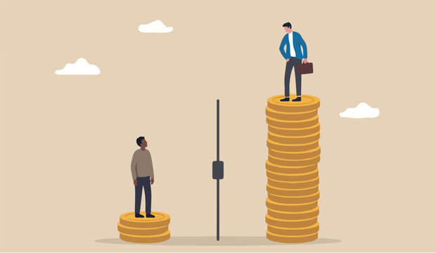 Economic inequality unfairness income different money people being paid concept, white rich businessman standing on high coins stack