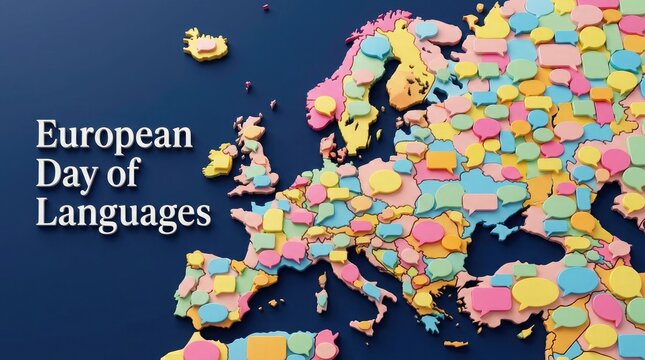 European day of languages concept with a 3d map of europe covered in colorful speech bubbles