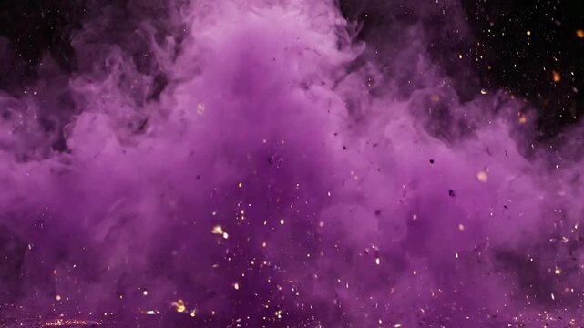 Vibrant purple powder explosion with flying particles and debris on black background, for dynamic motion, and special effects