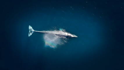 Humpback whale swimming in deep blue ocean water, aerial view of marine wildlife in nature. © Aswinsasi17