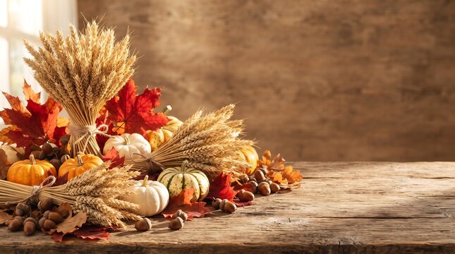 Rustic Autumn Wheat and Pumpkin Still Life