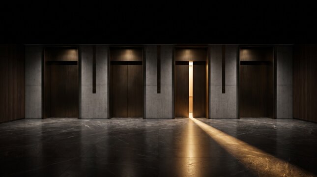 Modern Elevator Hallway with Dramatic Light Beam and Open Door