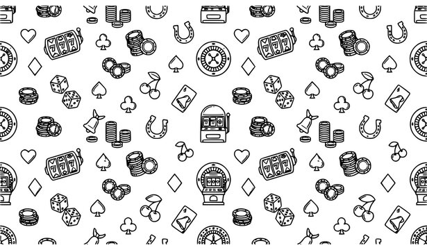 Seamless Monochrome Casino Gambling Icon Pattern with Slot Machine Dice Chips and Gaming Symbols