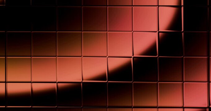 Abstract geometric background of red copper glass square tiles with moving wave light illumination