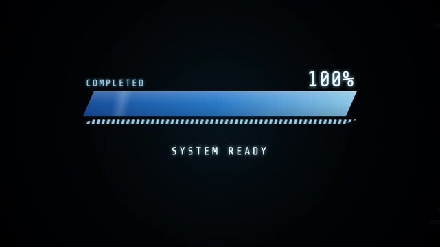 Futuristic digital loading bar showing synchronization progress from zero to one hundred percent.