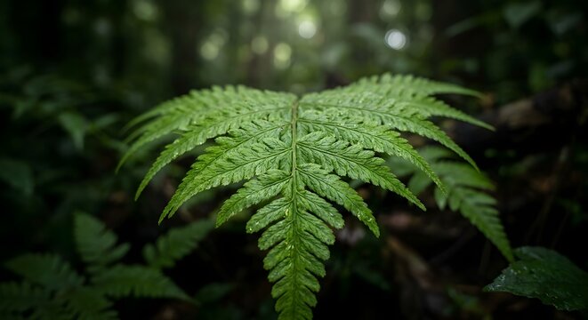 Green fern leaf with water drops in lush tropical rainforest macro close up.