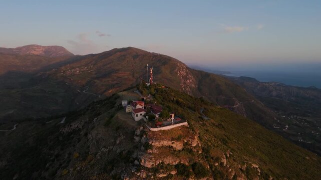 Aerial View of Panagia Koryfis Monastery at Golden Hour, Greece