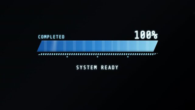 Futuristic digital loading bar showing data synchronization progress from start to completion on a dark background.