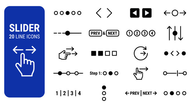 Minimalist slider line icons, 20 UI navigation elements for web design, black interface controls for mobile apps and carousel pagination