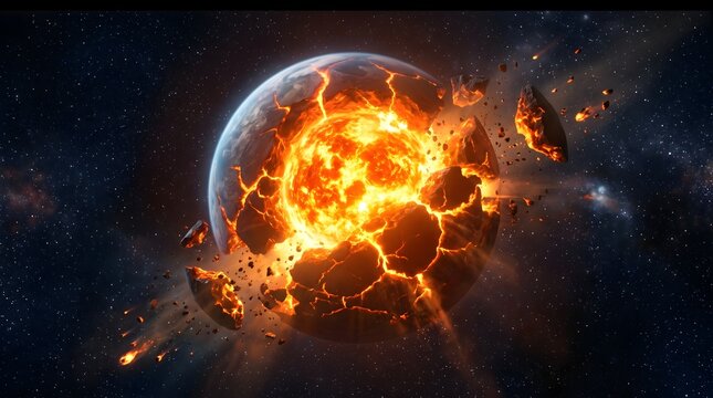 Massive planet exploding in deep space with glowing molten lava core