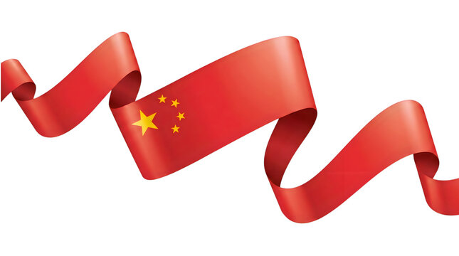 China flag waving ribbon illustration, red Chinese national banner with gold stars, flowing silk fabric on white background