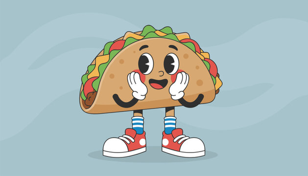 Surprised cartoon taco mascot character with big eyes and red sneakers standing on a light blue background.