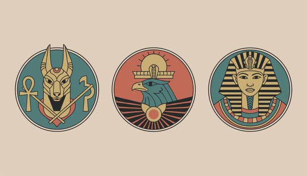 Three ancient Egyptian mythological gods badges representing Anubis, Horus, and Tutankhamun in vector circles.