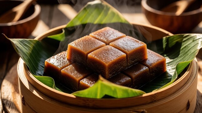 Steamed nian gao rice cakes sit in bamboo steamer lined with banana leaves. Warm steam rises from sweet sticky dessert during Asian holiday tradition. Close-up on texture.